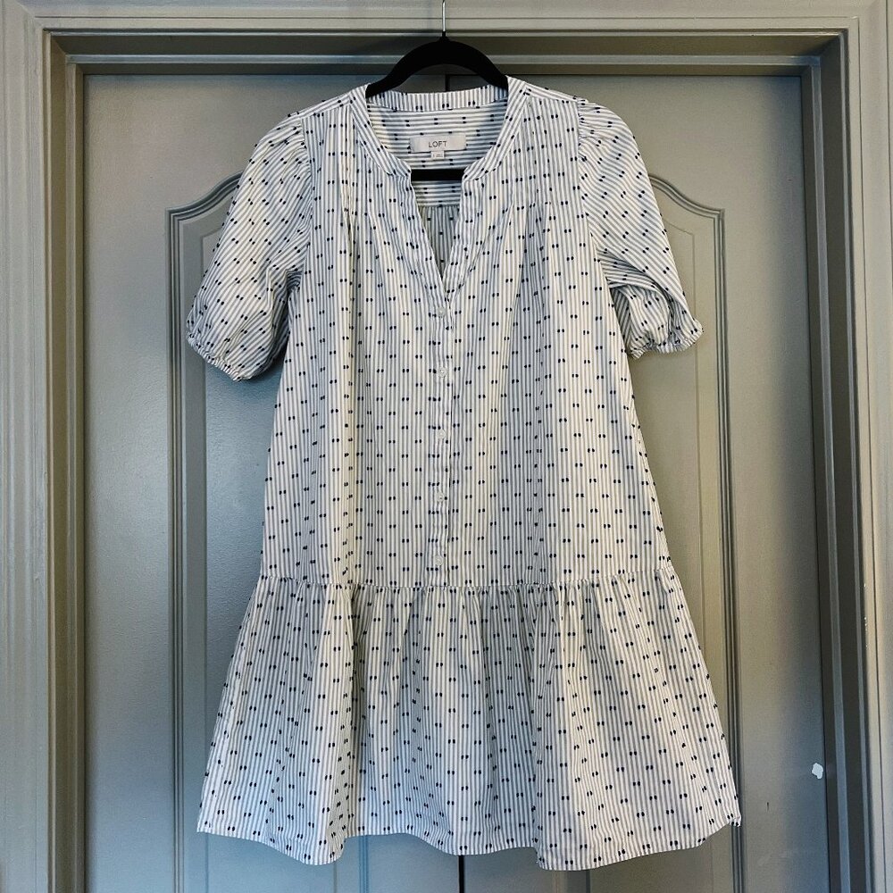 LOFT Striped Swiss Dot Tiered Dress Blue White Cotton Puff Sleeve Size S